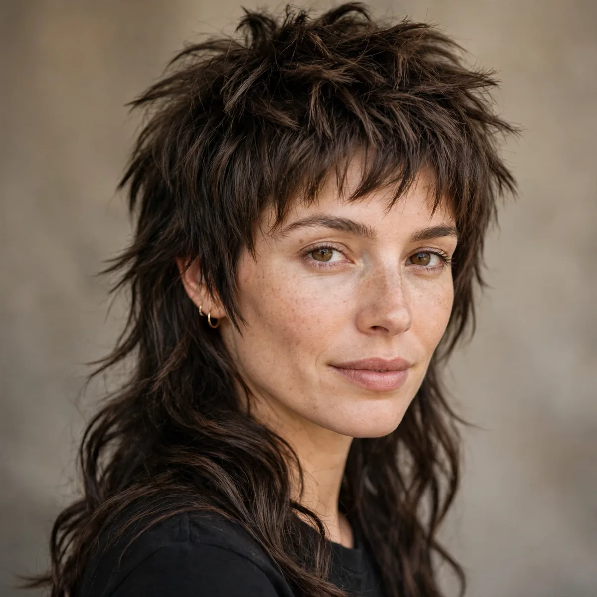 Classic wolf cut with choppy crown layers and long back