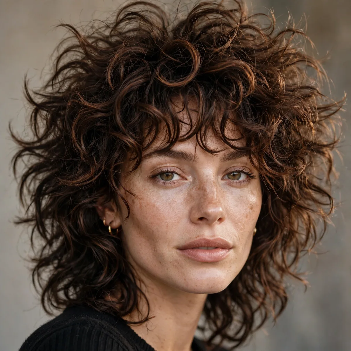 Wolf cut on curly hair with wild volume