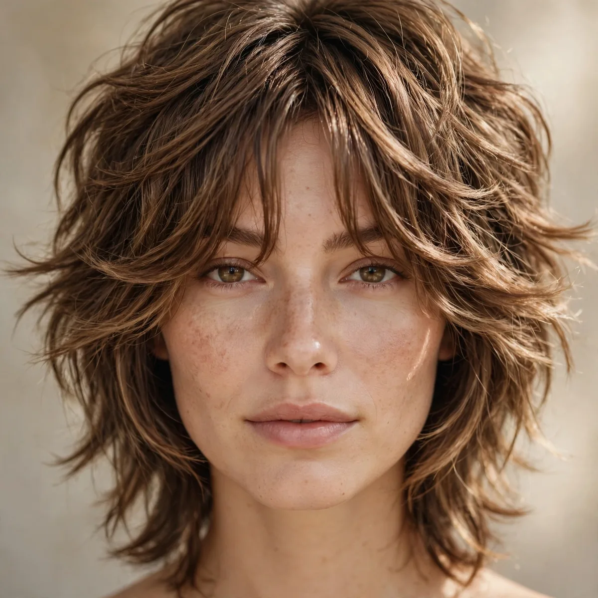 Wolf cut with curtain bangs framing the face