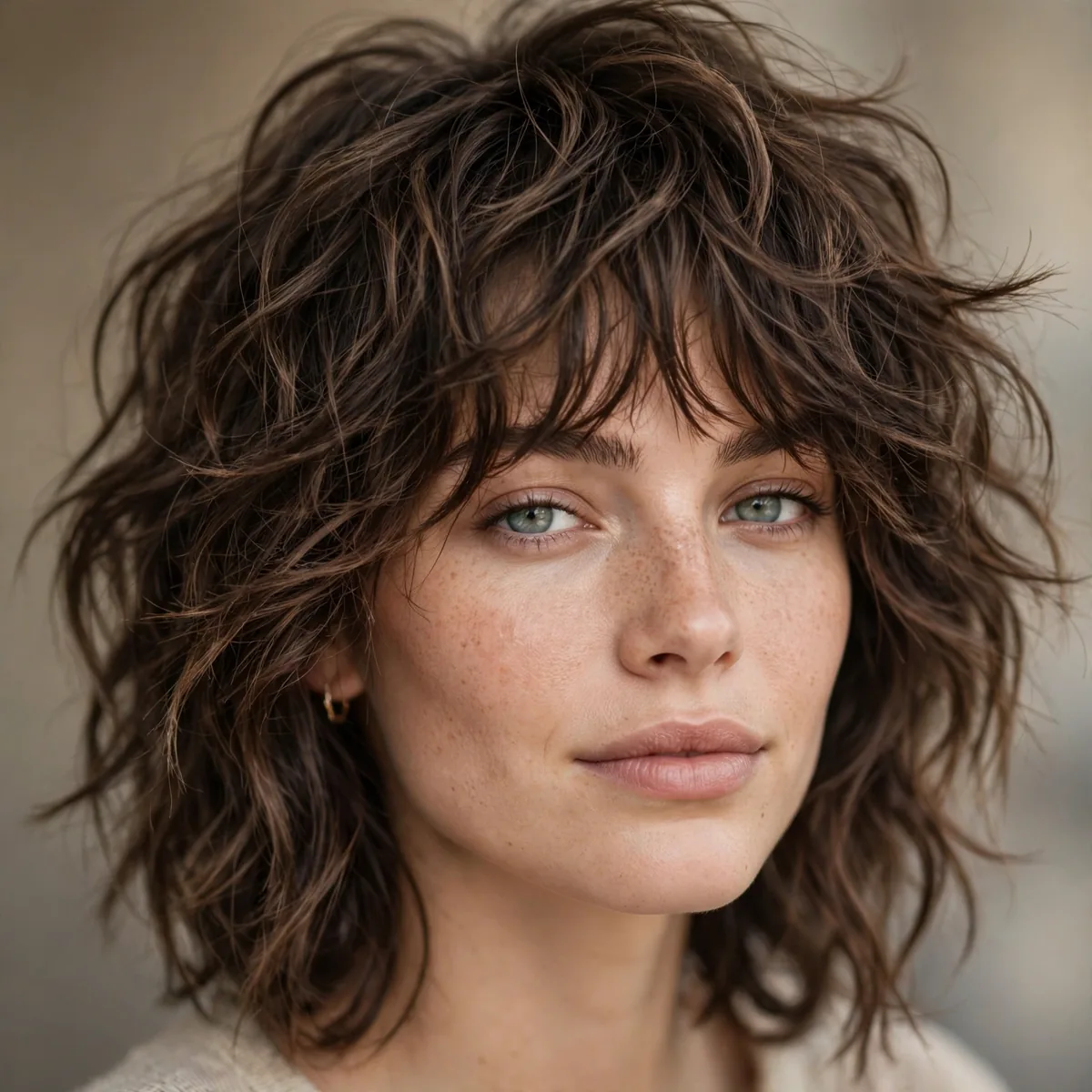 Wolf cut on wavy hair with tousled texture