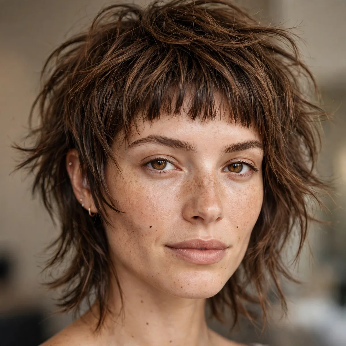 Wolf cut with short baby bangs