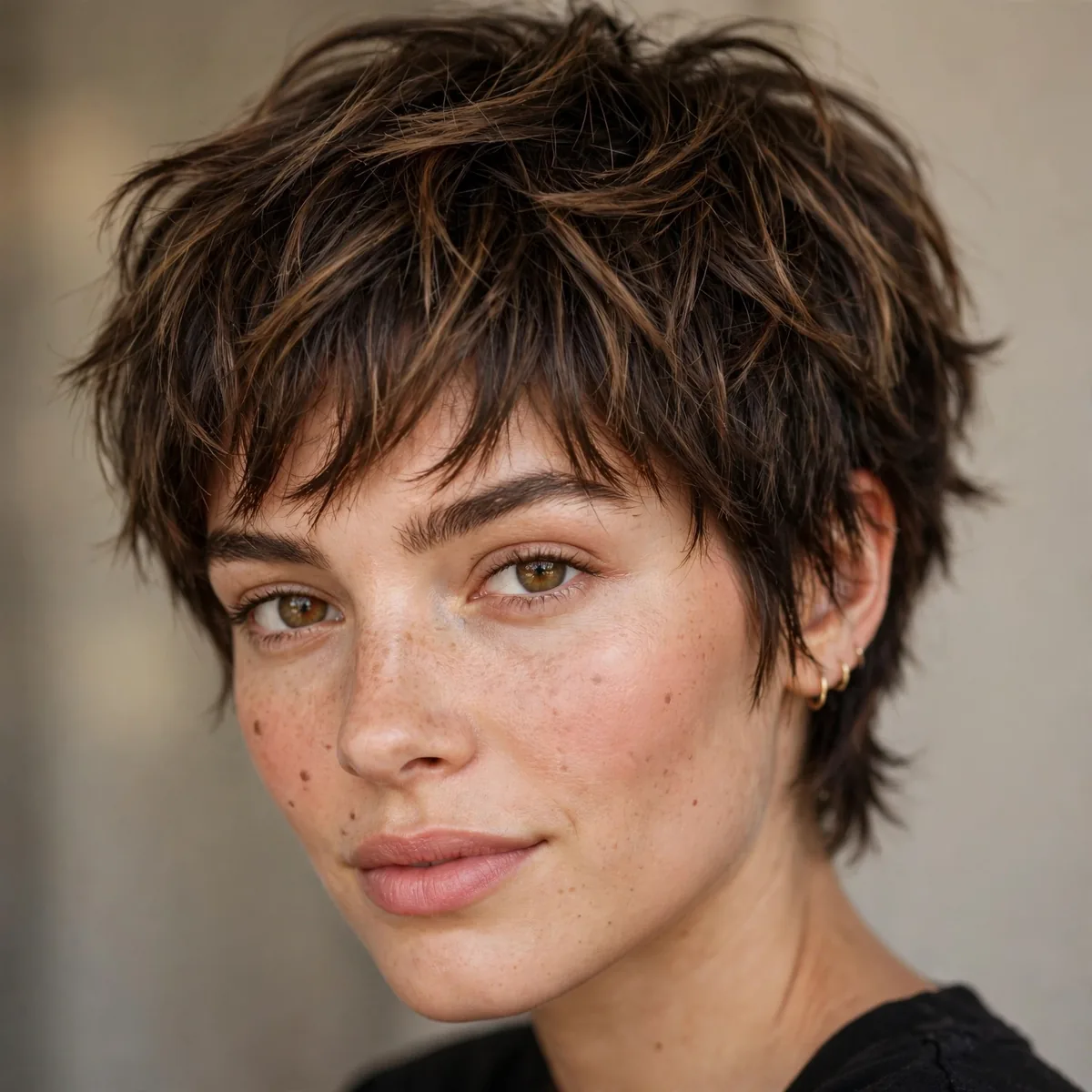 Short pixie-length wolf cut with choppy texture