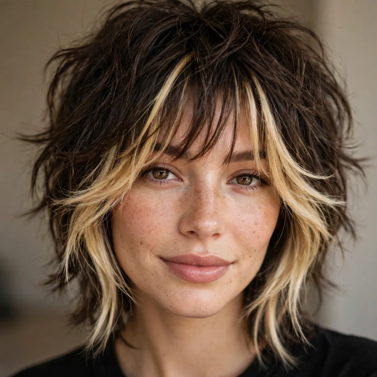 Wolf cut with bright face-framing highlight pieces