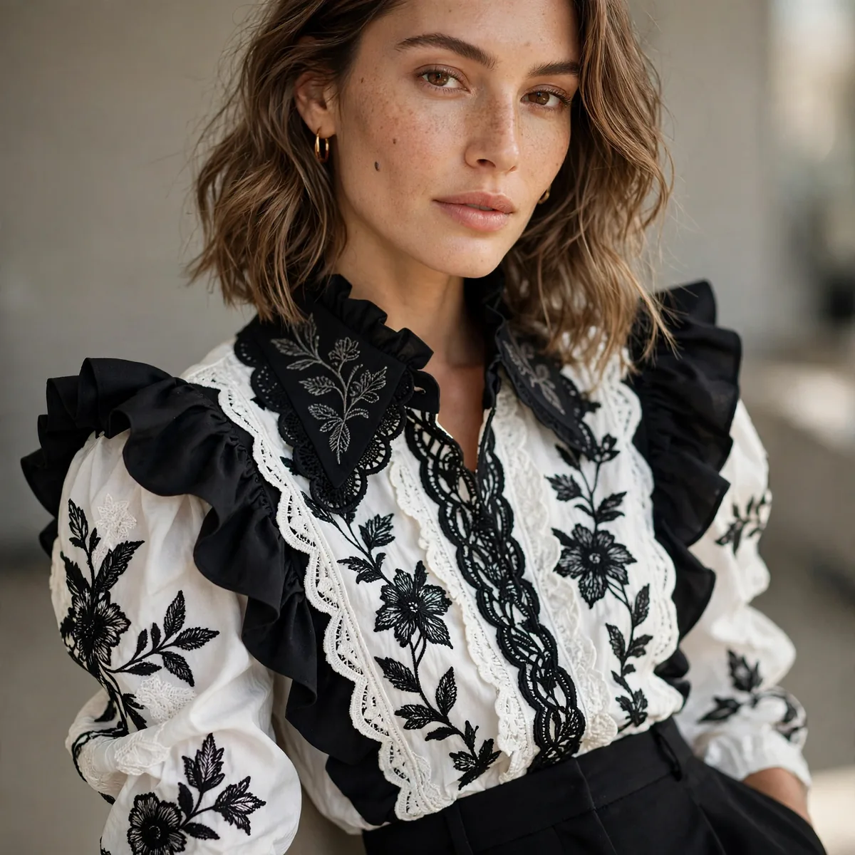 Statement blouse with black trousers